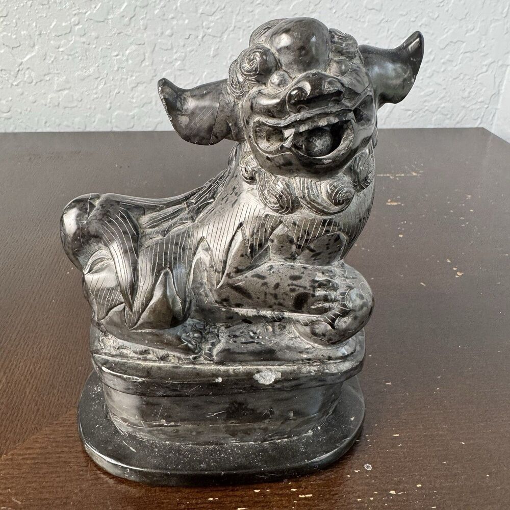 Feng Shui Foo Dog Statue Soft Stone Black Grey Guardian Symbol Of Strength